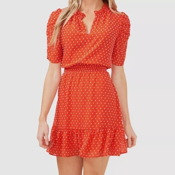 CeCe Red with Pink Clip Dot Smocked Waist Puff Shoulder dress Size Large‎ - Picture 1 of 13